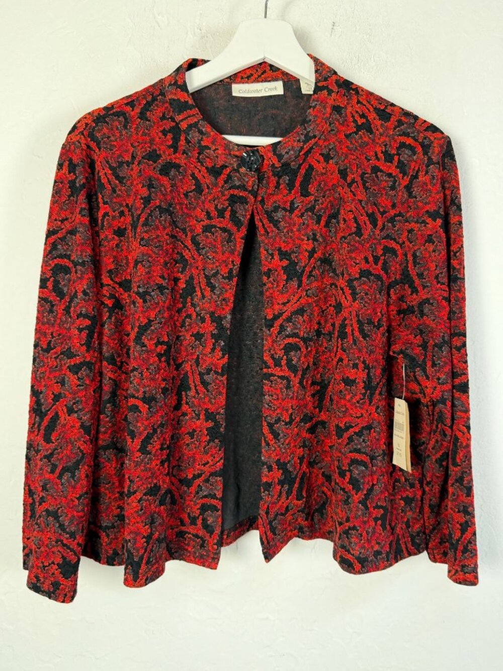 Coldwater Creek Fukara Knit Cardigan 1X Red Black Jacquard Button Front New $79